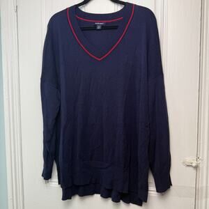 Studio Park x Amy Stran V-Neck Heart Sleeve Sweater Womens XL Navy Blue Red NWOT